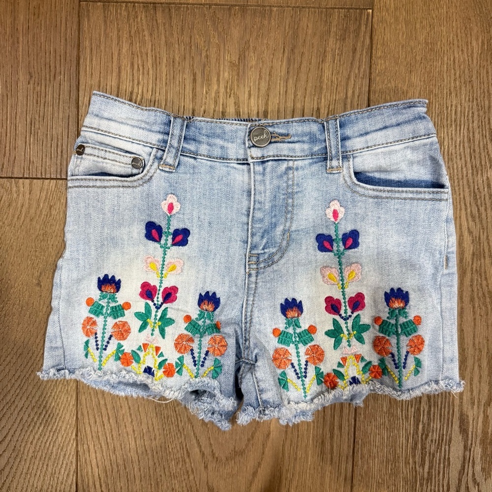 Peek Light Blue Denim Shorts with Multicolor Floral Embroidery